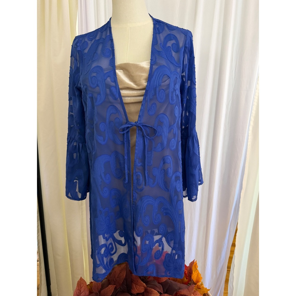 Lilly Pulitzer Blue Burnout Jacquard Tie Front Bell Sleeve Cardigan 007946 Small